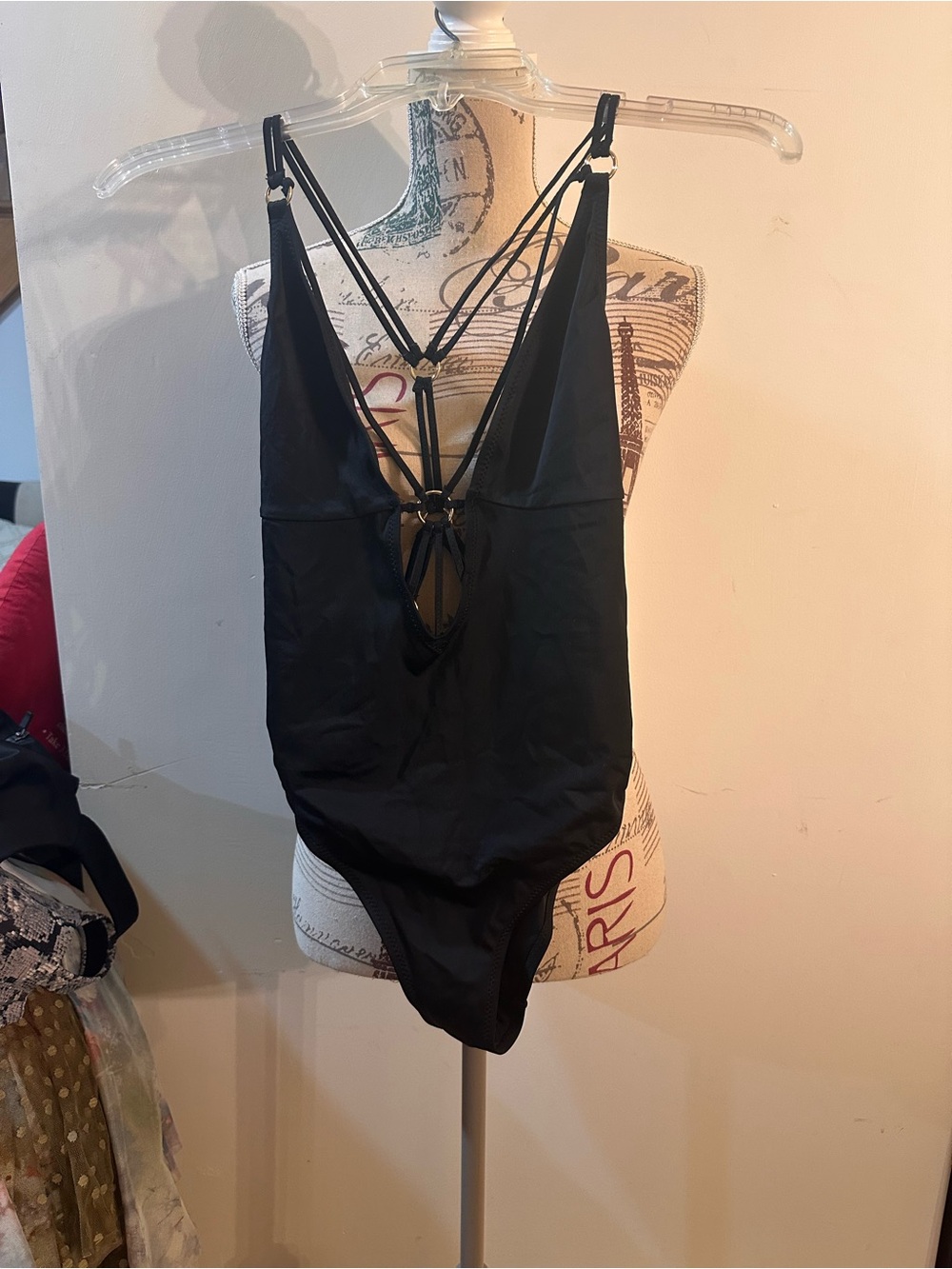 New Look Black Strappy One-Piece Swimsuit with Gold Rings